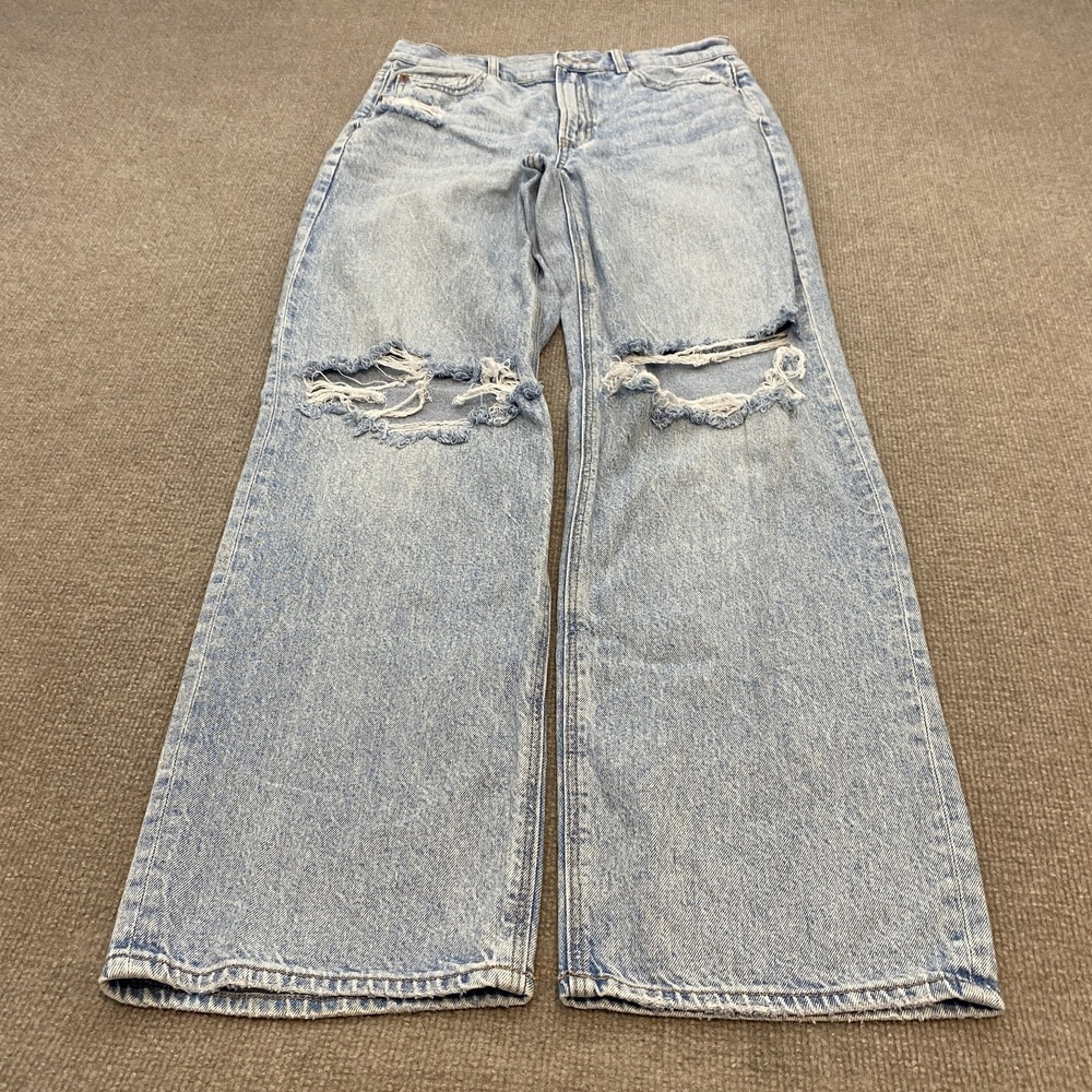 American Eagle Stovepipe Wide Leg Jeans Womens 6 Blue High Rise Distressed Boho